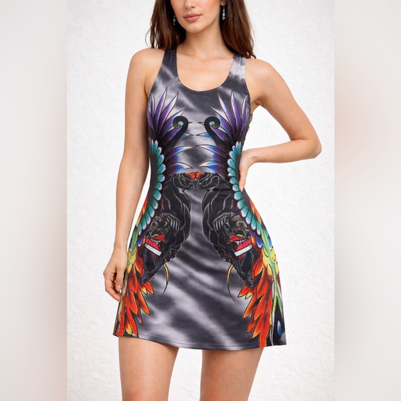 Ed Hardy Dresses & Skirts - Ed Hardy Panther Swan Tattoo Tank Dress M Rhinestone Y2K Goth Festival Chic